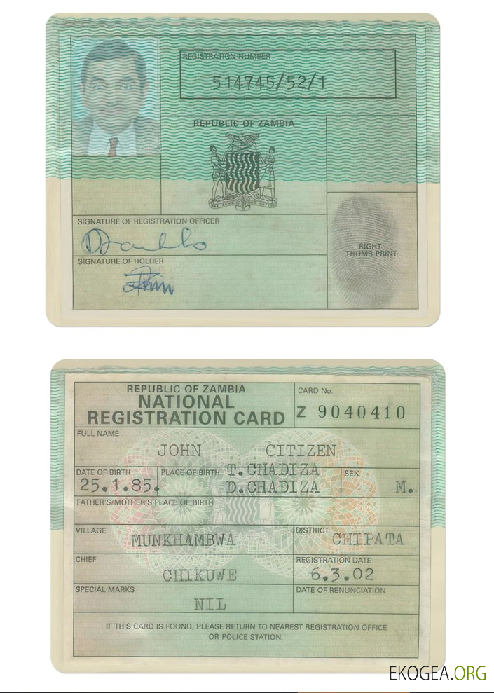 Carte d'immatriculation nationale de ZAMBIE